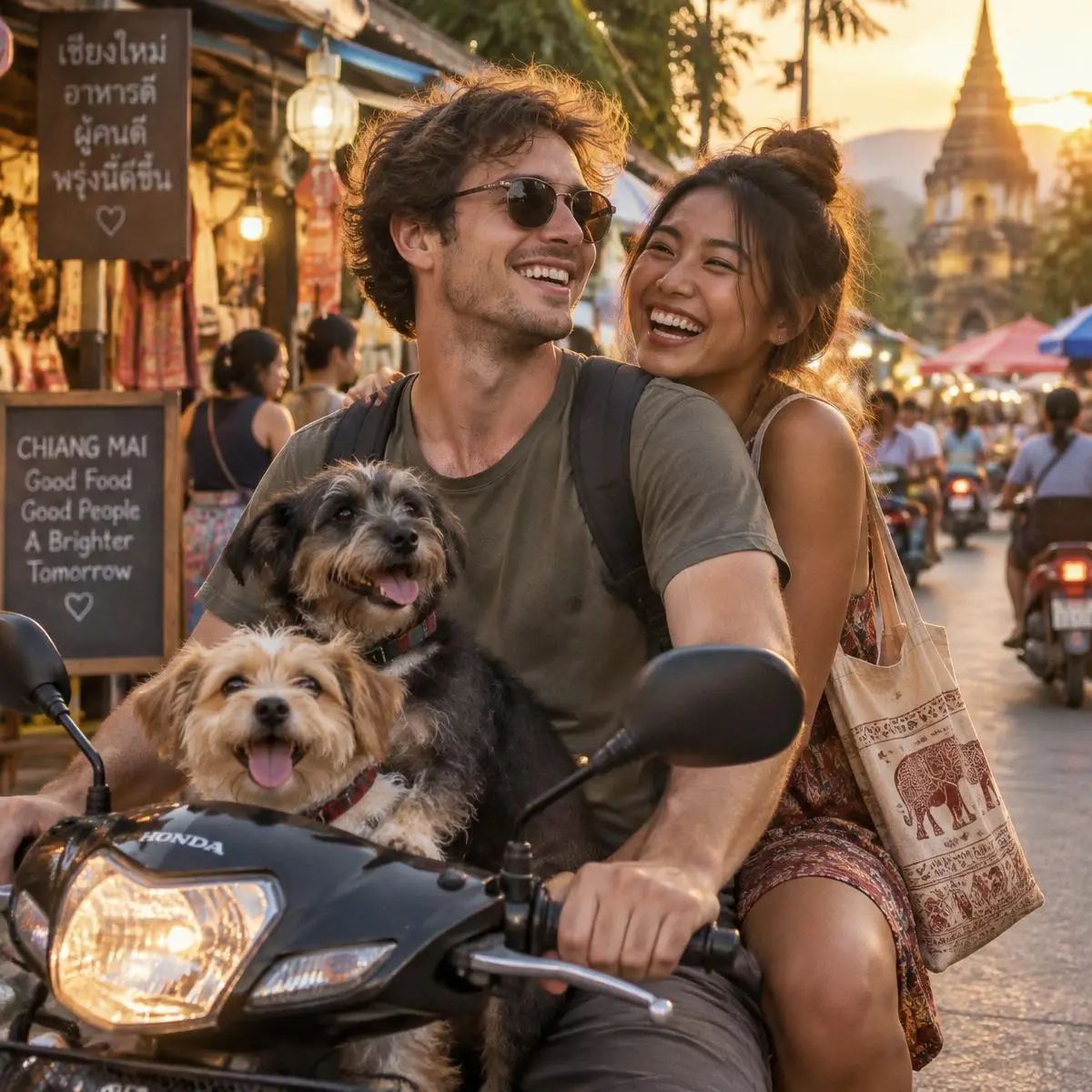 David, Jasmine and their two dogs on a scooter in a Chiang Mai street market